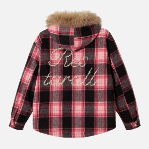 Concert Outfit Beaded Fur Collar Padded Plaid Jacket