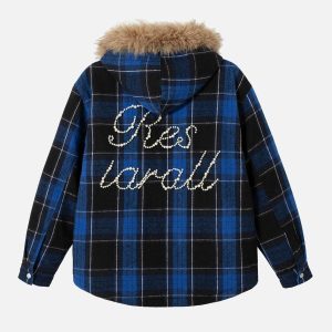 Concert Outfit Beaded Fur Collar Padded Plaid Jacket