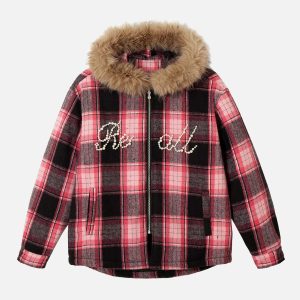 Concert Outfit Beaded Fur Collar Padded Plaid Jacket