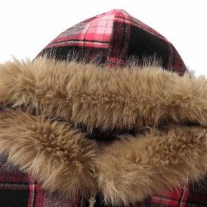 Concert Outfit Beaded Fur Collar Padded Plaid Jacket