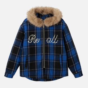 Concert Outfit Beaded Fur Collar Padded Plaid Jacket