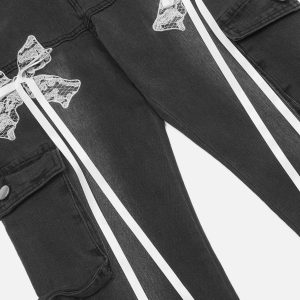 Concert Outfit Bow Multi Pocket Washed Jeans