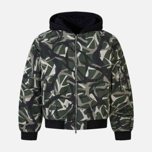 Concert Outfit Camouflage Faux Two-Piece Hooded Bomber Jacket