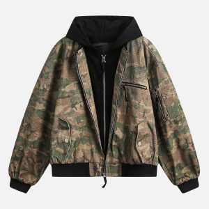 Concert Outfit Camouflage Faux Two-Piece Hooded Jacket