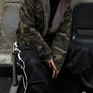 Concert Outfit Camouflage Fur Collar Hooded Quilted Jacket