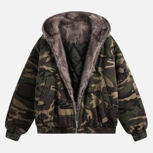 Concert Outfit Camouflage Fur Collar Hooded Quilted Jacket