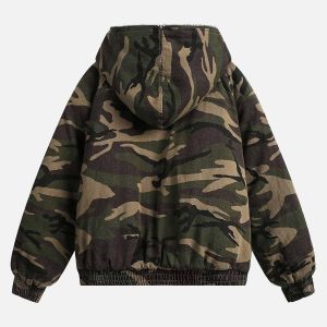Concert Outfit Camouflage Fur Collar Hooded Quilted Jacket