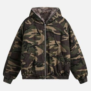 Concert Outfit Camouflage Fur Collar Hooded Quilted Jacket