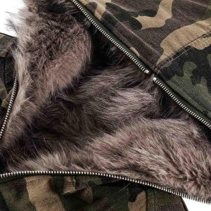 Concert Outfit Camouflage Fur Collar Hooded Quilted Jacket