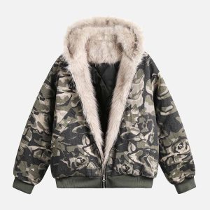 Concert Outfit Camouflage Fur Hooded Jacket