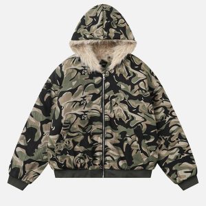 Concert Outfit Camouflage Fur Zipper Hoodie