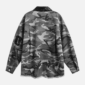 Concert Outfit Camouflage Ripped Lace Denim Shirt