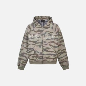 Concert Outfit Camouflage Sequin Letter Pattern Zipper Hoodie
