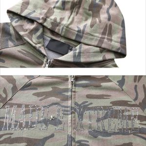 Concert Outfit Camouflage Sequin Letter Pattern Zipper Hoodie
