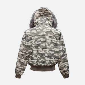 Concert Outfit Camouflage Spliced Fur Hooded Fleece Jacket