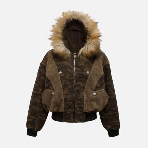Concert Outfit Camouflage Spliced Fur Hooded Fleece Jacket