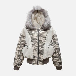 Concert Outfit Camouflage Spliced Fur Hooded Fleece Jacket