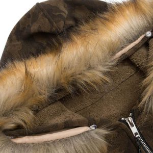 Concert Outfit Camouflage Spliced Fur Hooded Fleece Jacket