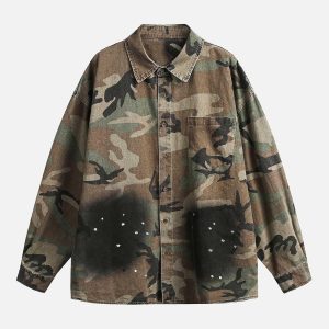 Concert Outfit Camouflage Washed Distressed Denim Shirt