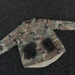 Concert Outfit Camouflage Washed Distressed Denim Shirt