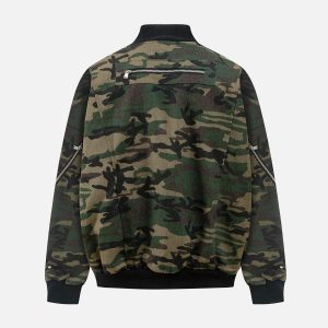 Concert Outfit Cargo Camouflage Multi Zipper Bomber Jacket