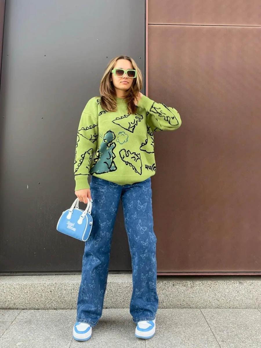 Concert Outfit Cartoon Dinosaur Printed Sweater Concert Outfit Cartoon Dinosaur Printed Sweater