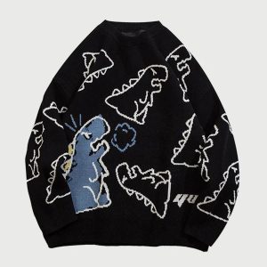 Concert Outfit Cartoon Dinosaur Printed Sweater