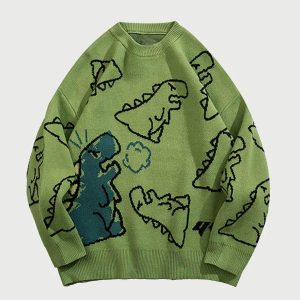 Concert Outfit Cartoon Dinosaur Printed Sweater