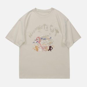 Concert Outfit Cartoon Kitten Fishing Graphic Tee