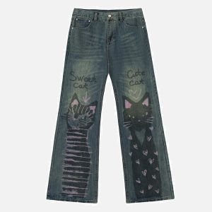 Concert Outfit Cat Graffiti Print Jeans