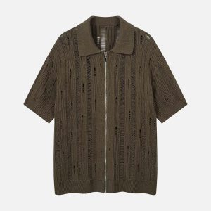 Concert Outfit Cleanfit Black Knit Zip-Up Short-Sleeve Shirt