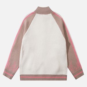 Concert Outfit Contrast Color Jacquard Mock Neck Zipper Sweater