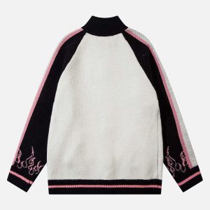 Concert Outfit Contrast Color Jacquard Mock Neck Zipper Sweater