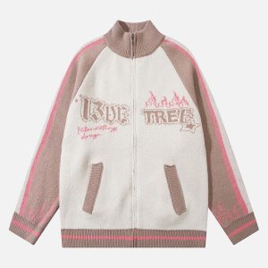 Concert Outfit Contrast Color Jacquard Mock Neck Zipper Sweater