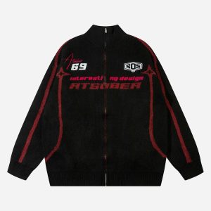 Concert Outfit Contrast Color Racing Zip-Up Cardigan