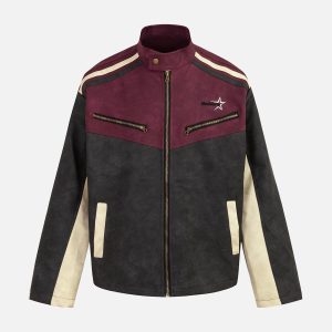 Concert Outfit Contrast Color Suede PU Leather Jacket