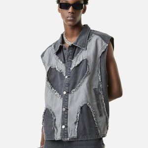 Concert Outfit Contrast Denim Heart Stitching Street Rap Vest