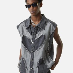 Concert Outfit Contrast Denim Heart Stitching Street Rap Vest