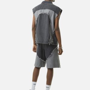 Concert Outfit Contrast Denim Heart Stitching Street Rap Vest