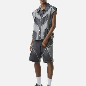 Concert Outfit Contrast Denim Heart Stitching Street Rap Vest