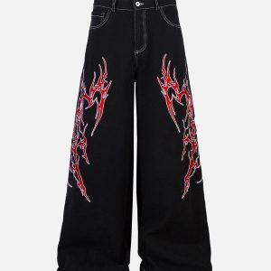 Concert Outfit Contrast Flame Embroidered Baggy Jeans