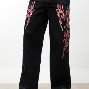 Concert Outfit Contrast Flame Embroidered Baggy Jeans