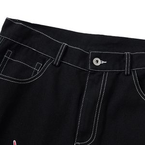 Concert Outfit Contrast Flame Embroidered Baggy Jeans