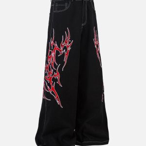 Concert Outfit Contrast Flame Embroidered Baggy Jeans