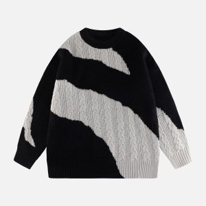 Concert Outfit Contrast Irregular Design Knit Sweater