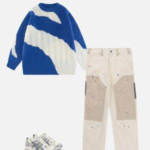 Concert Outfit Contrast Irregular Design Knit Sweater