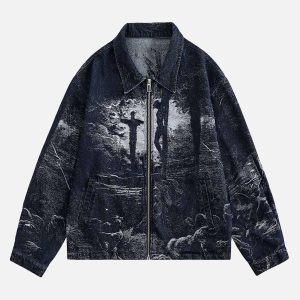 Concert Outfit Cross Jacquard Zip Up Denim Jacket