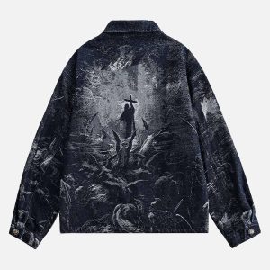 Concert Outfit Cross Jacquard Zip Up Denim Jacket