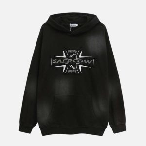 Concert Outfit Cross Lettering Embroidery Washed Hoodie