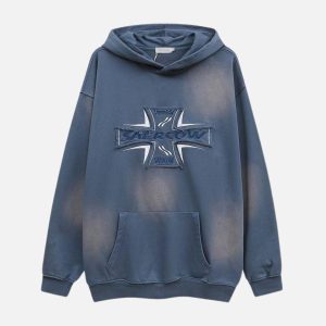Concert Outfit Cross Lettering Embroidery Washed Hoodie